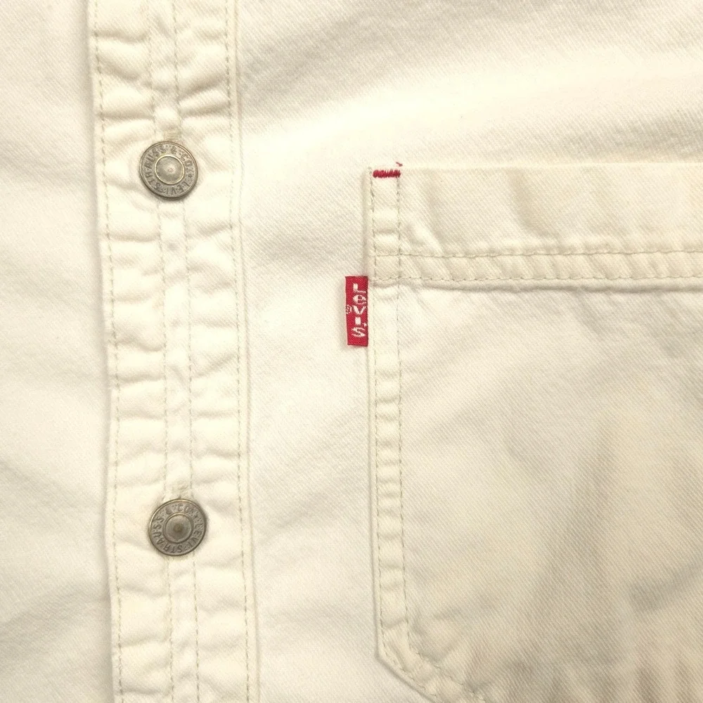 Vintage 1997 Levi's Red Tab White Denim Work Shirt Long Sleeve Metal Buttons